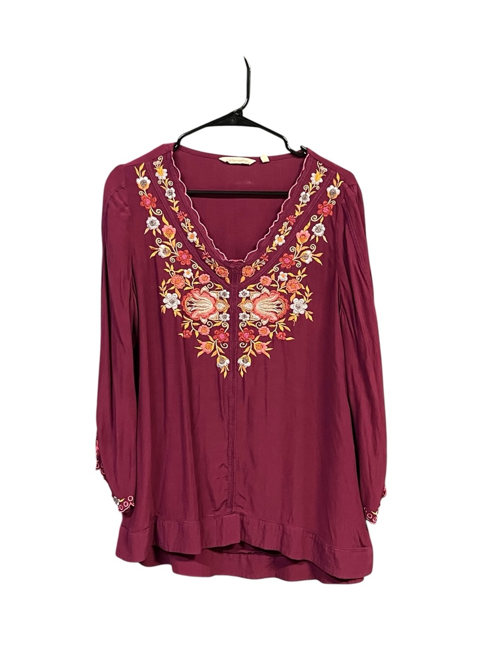 Soft Surroundings Women’s XL Burgundy Embroidered Boho Tunic Floral Beaded Vneck
